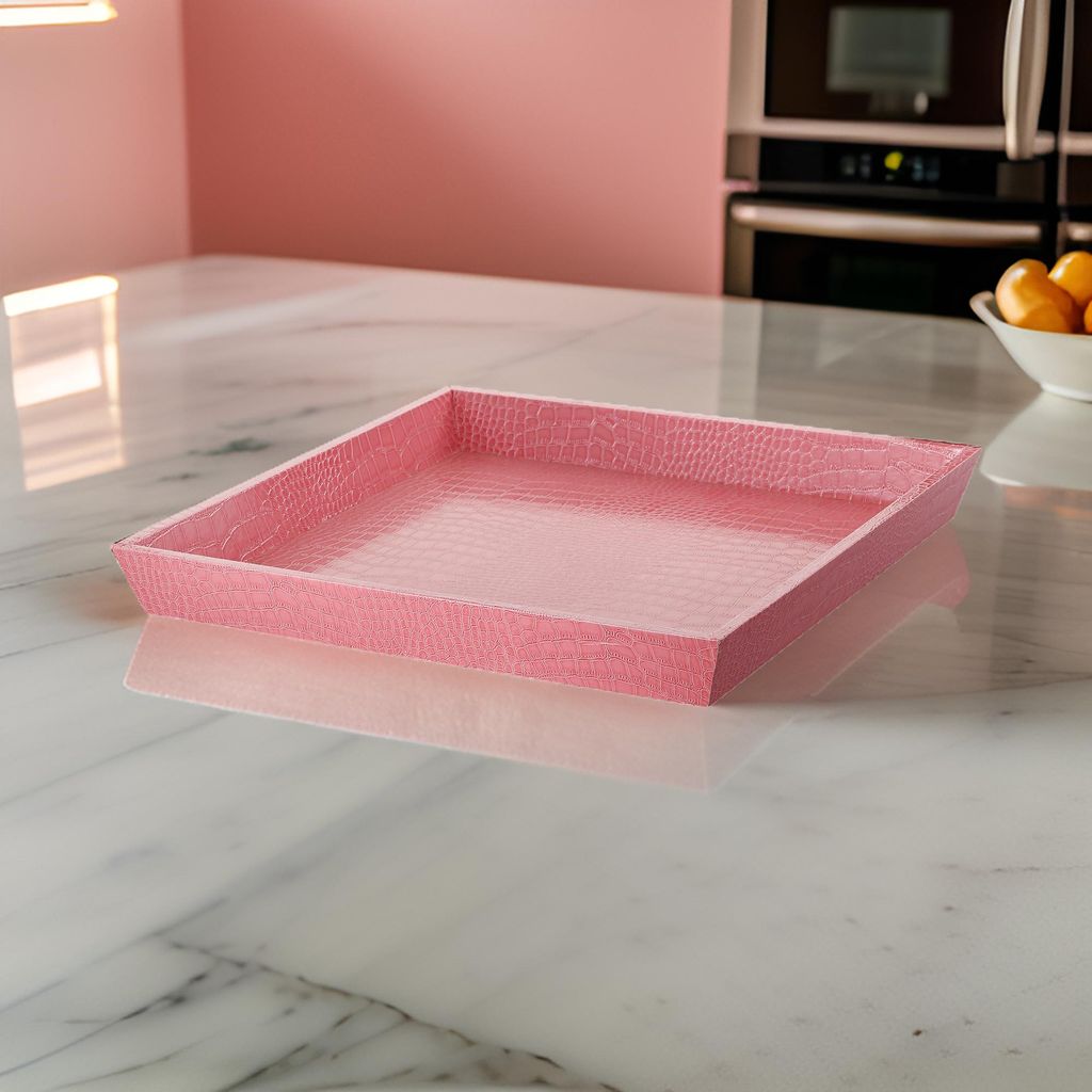 Wood and Leatherette Decorative Serving Tray with Raised Sides, Pink - View 7