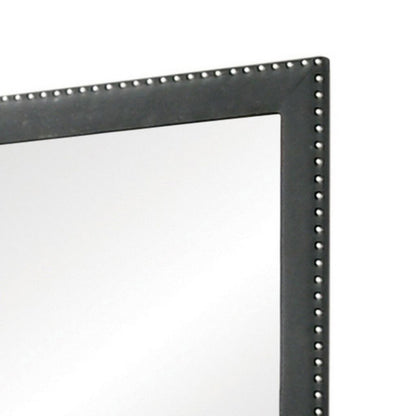 Cale 40 Inch Modern Portrait Mirror, Velvet Upholstery, Nailhead Trim, Gray - View 2