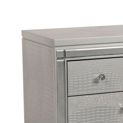 3 Drawer Wooden Nightstand with Mirror Accents and Faux Crystal Pulls, Gray - View 2