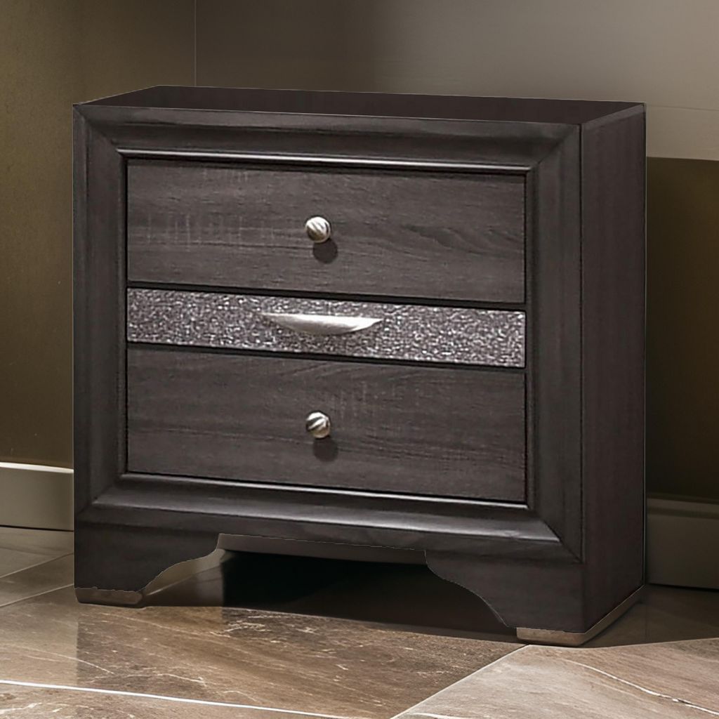 Wooden Nightstand with 2 Drawers and 1 Jewelry Drawer, Gray and Silver - View 7