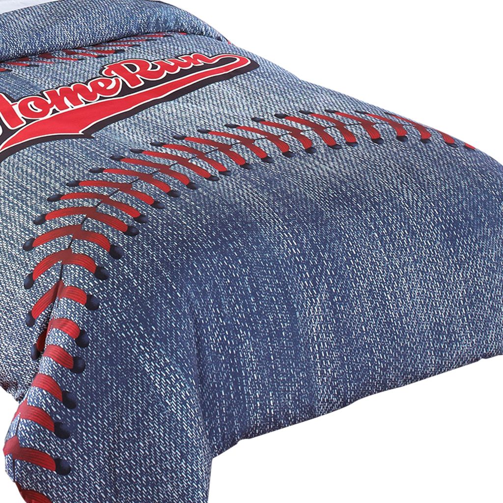 6 Piece Polyester Full Comforter Set with Baseball Inspired Print, Blue - View 2