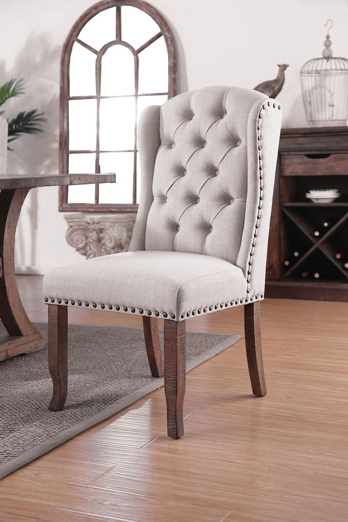 Button Tufted Fabric Upholstery Wingback Chair, Cream And Brown, Pack Of Two