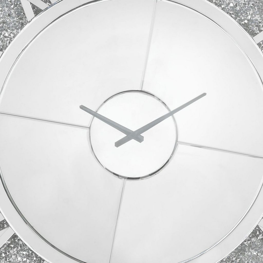 Round Beveled Mirror Frame Wall Clock with Faux diamond Inlay, Silver - View 4