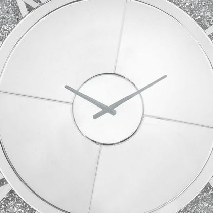 Round Beveled Mirror Frame Wall Clock with Faux diamond Inlay, Silver - View 4