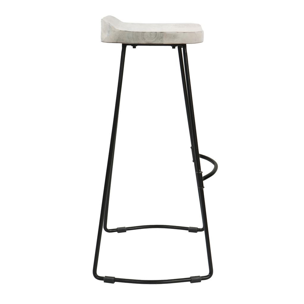 Tiva 30 Inch Handcrafted Backless Barstool, Whitewashed Mango Wood Saddle Seat, Black Metal Base - View 4