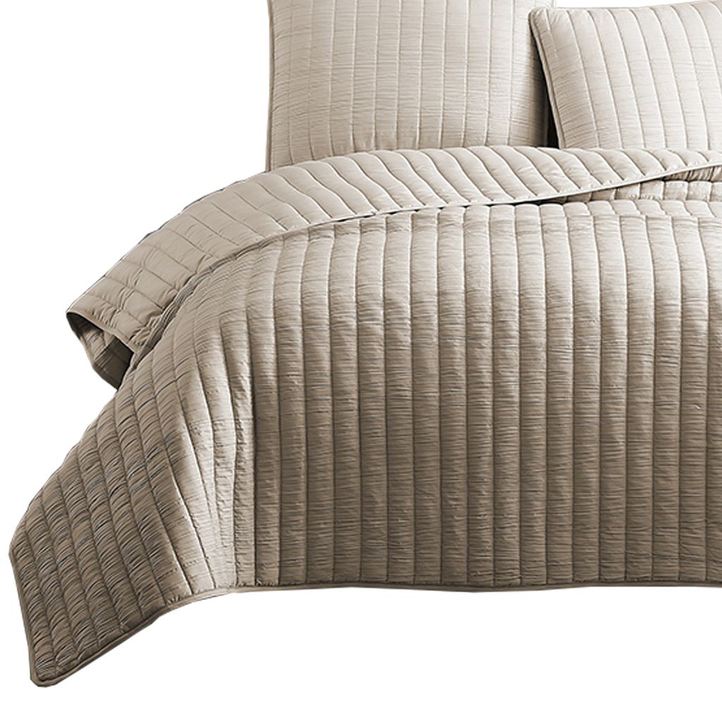 3 Piece Crinkles King Size Coverlet Set with Vertical Stitching, Brown - View 3