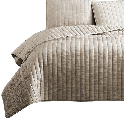 3 Piece Crinkles King Size Coverlet Set with Vertical Stitching, Brown - View 3