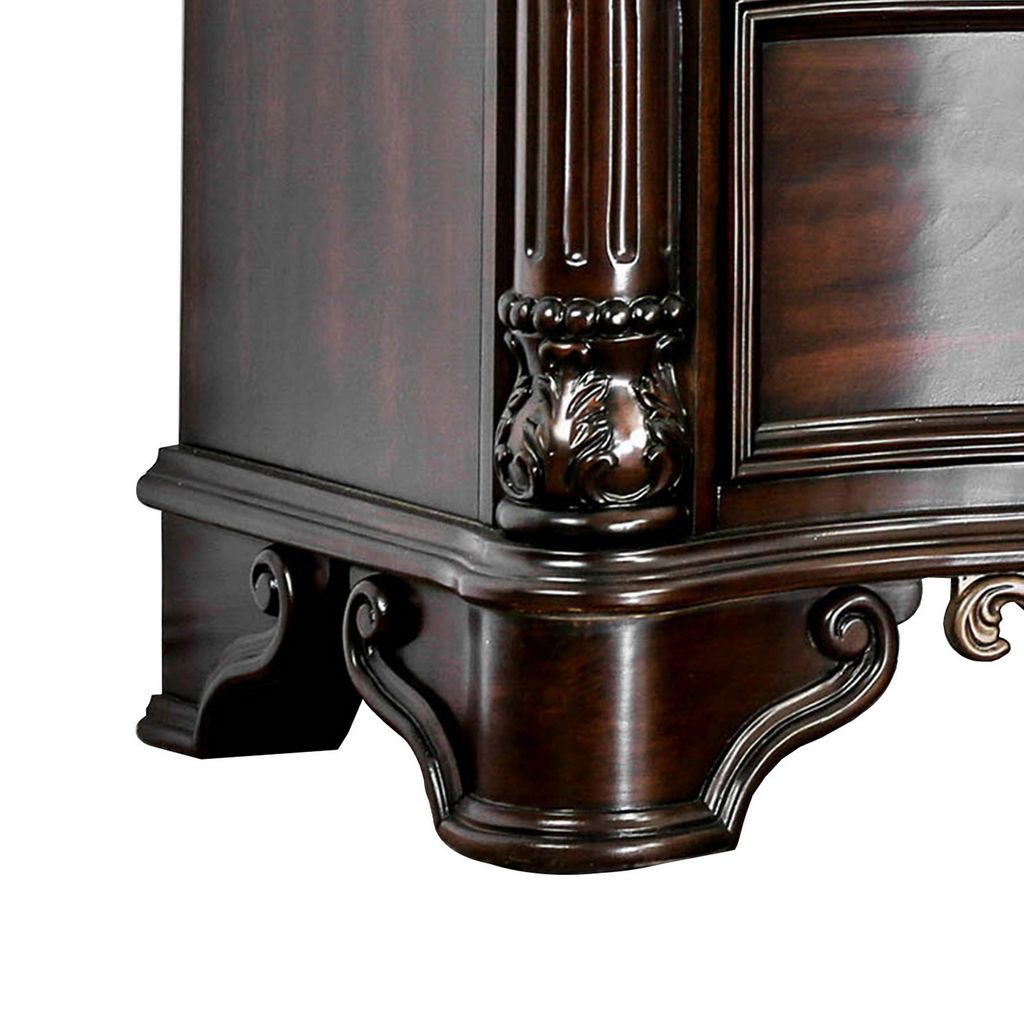 30 Inch Nightstand with 2 Drawers, Classic Marble Top, Ornate Pilasters, Dark Cherry Brown - View 5