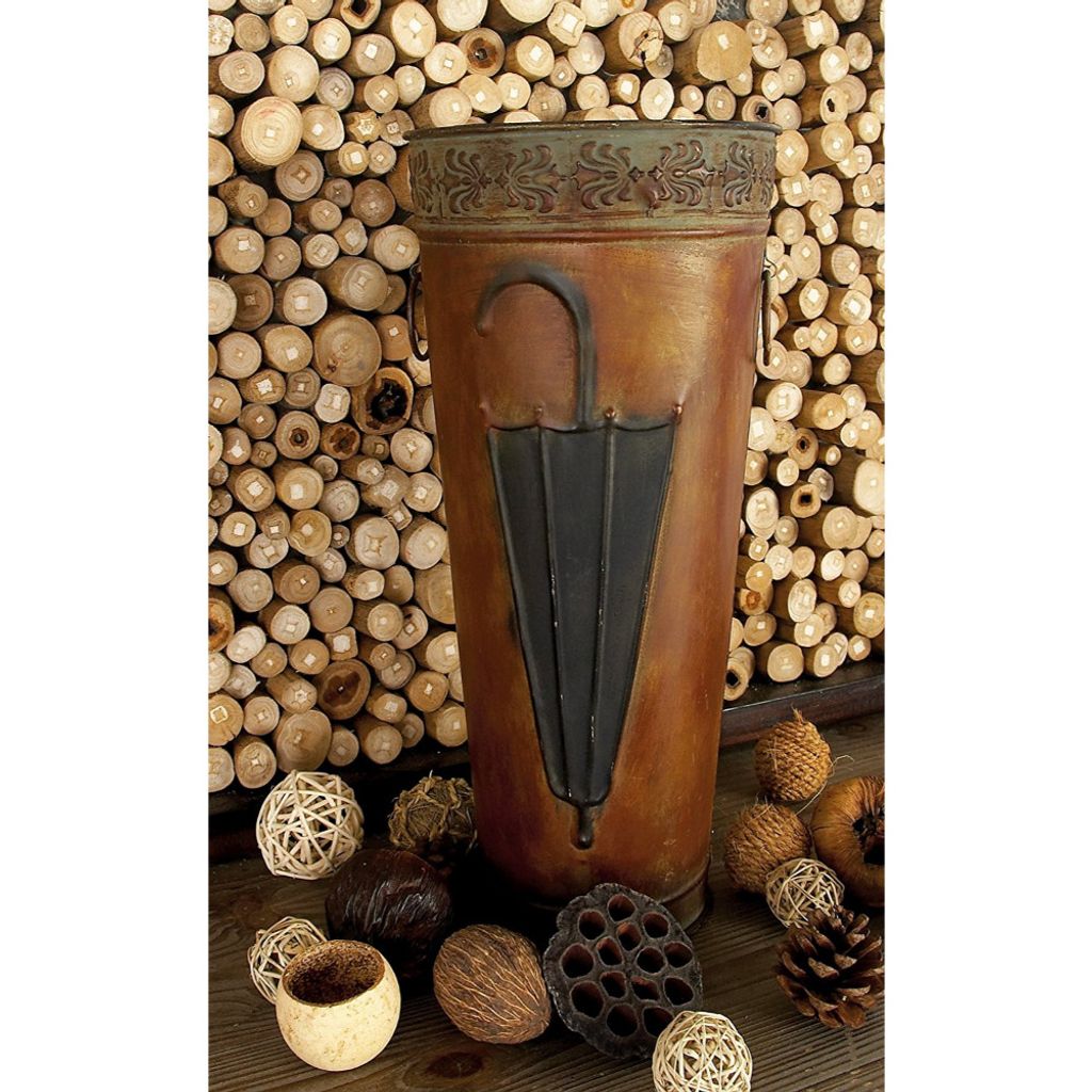 21, 16 Inch Metal Umbrella Stands, Engraved Artwork, Set of 2, Antique Brown, Black - View 3