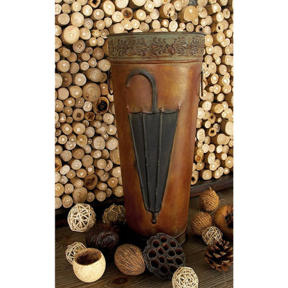 21, 16 Inch Metal Umbrella Stands, Engraved Artwork, Set of 2, Antique Brown, Black - View 3