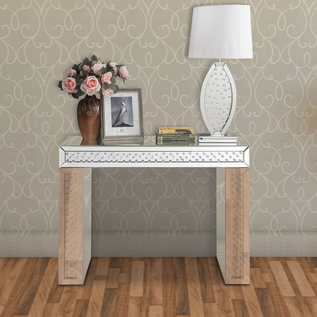 Mirror Accented Wood And Glass Vanity Desk With Faux Crystal Inlay, Silver - View 7