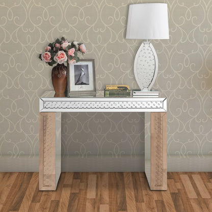 Mirror Accented Wood And Glass Vanity Desk With Faux Crystal Inlay, Silver - View 7