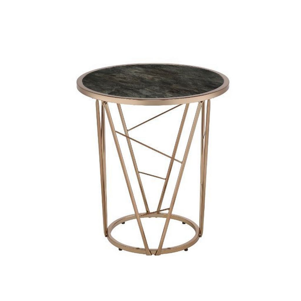 End Table with Glass Top and Geometric Frame, Black and Gold - View 3