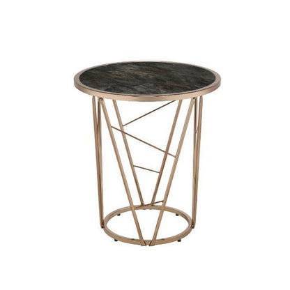 End Table with Glass Top and Geometric Frame, Black and Gold - View 3