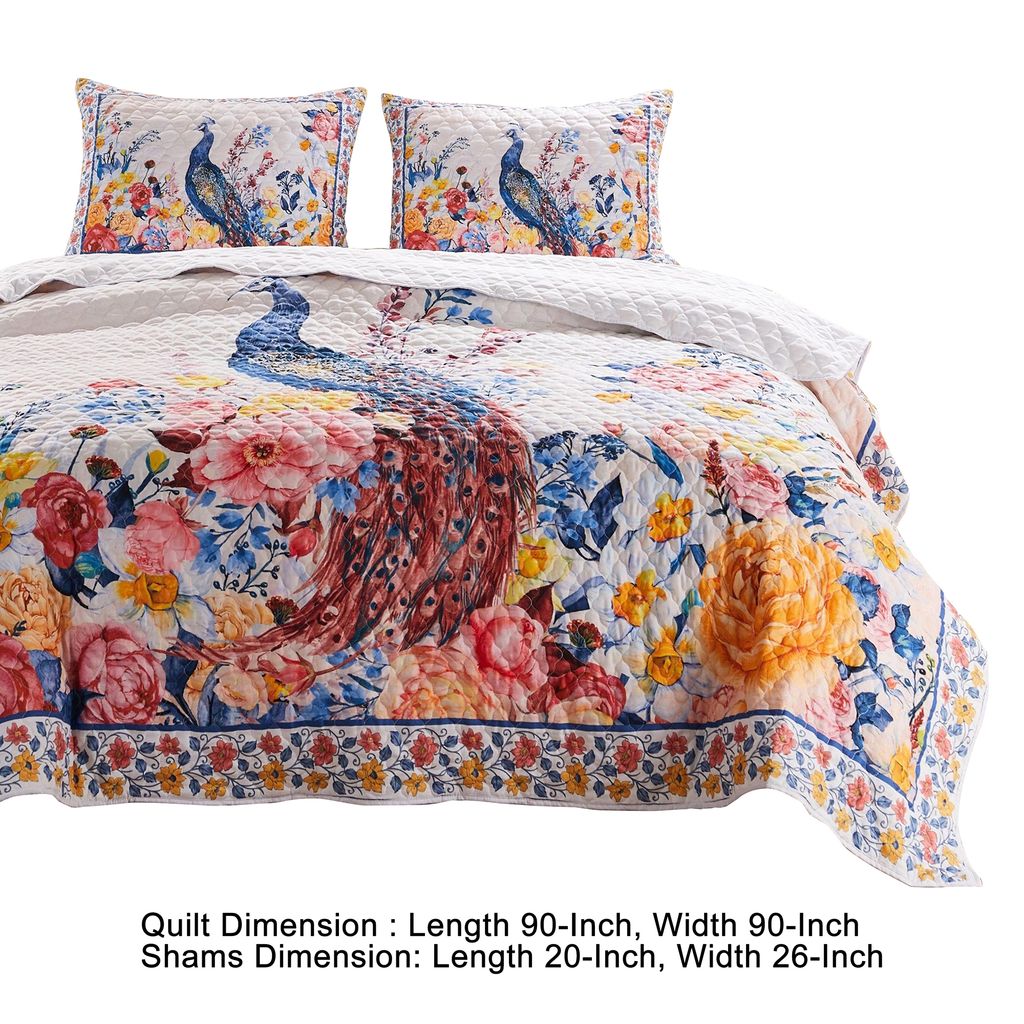 Tess Microfiber 3 Piece Full Quilt Set, Peacock, Floral Print, Multicolor - View 5