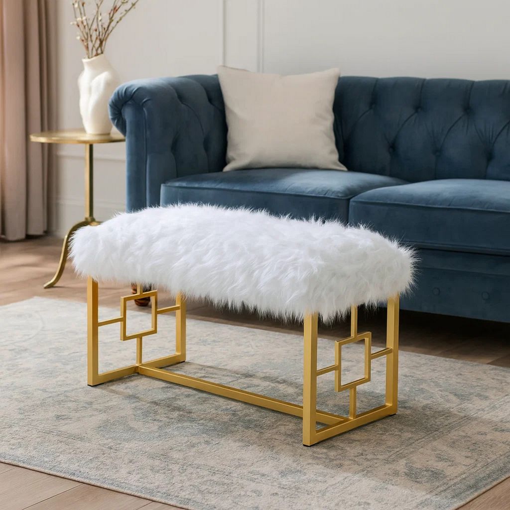 Modern Style Faux Fur Upholstered Bench with Geometrical Side Panels, White and Gold - View 7