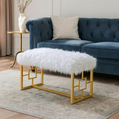 Modern Style Faux Fur Upholstered Bench with Geometrical Side Panels, White and Gold - View 7