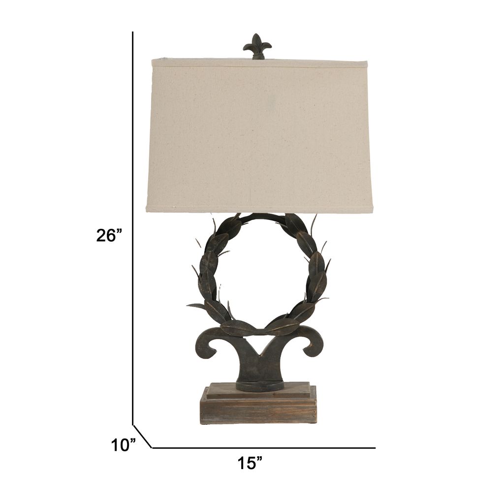 26 Inch Artisanal Table Lamp, Laurel Wreath Iron Frame, Off White, Black - View 6