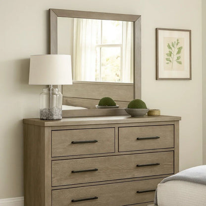 Wall Mirror with Wooden Frame and Grain Details, Natural Brown - View 7