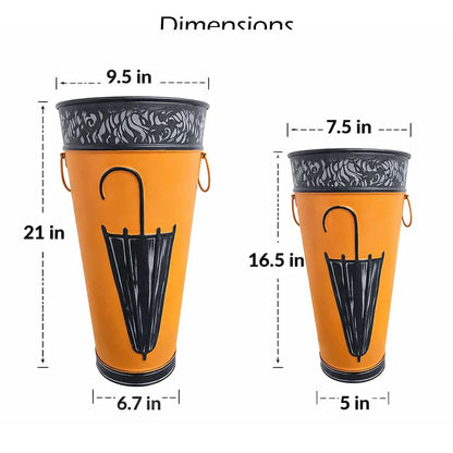 21, 16 Inch Metal Umbrella Stands, Engraved Artwork, Set of 2, Antique Brown, Black - View 6
