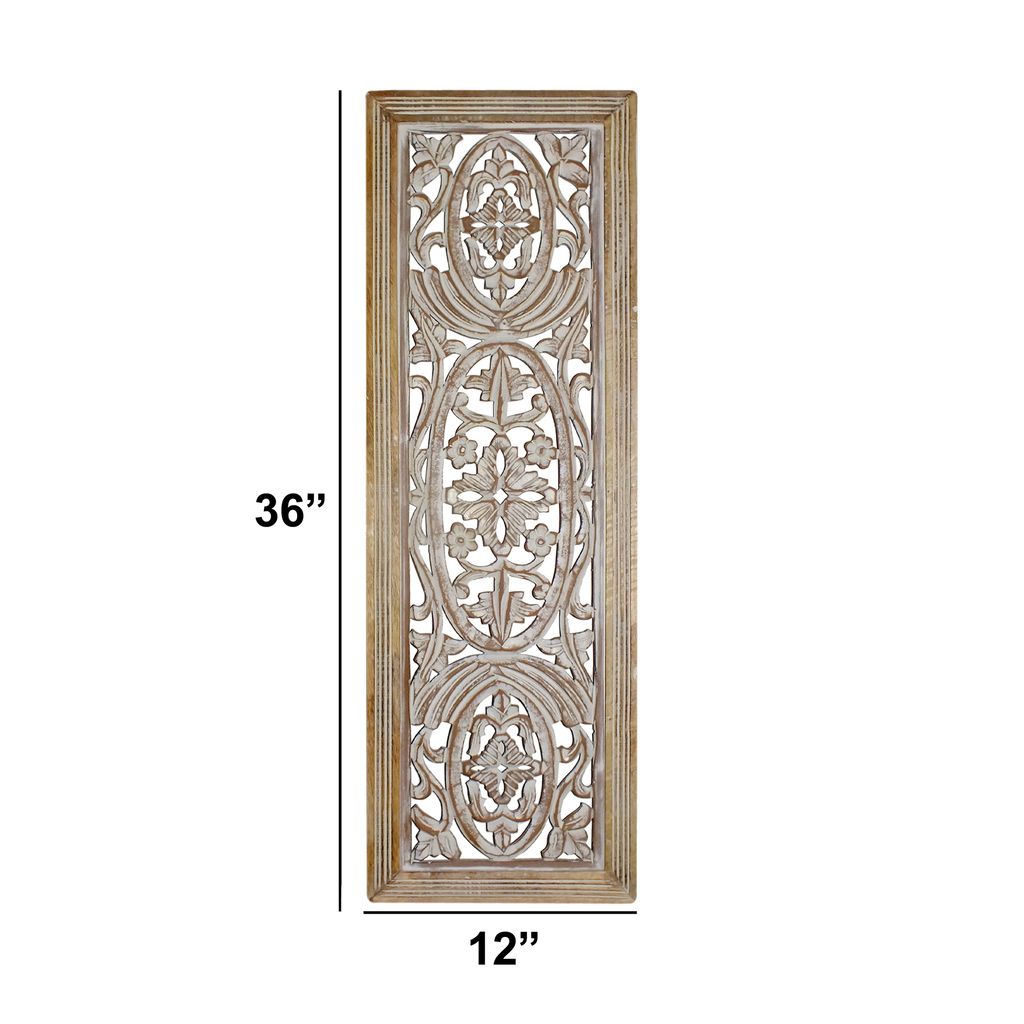 Rectangular Mango Wood Wall Panel Hand Crafted With Intricate Carving, White and Brown - View 6