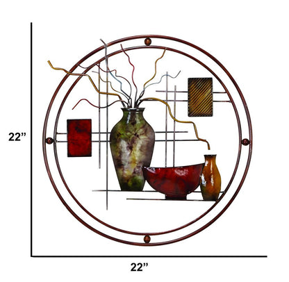 22 Inch Round Metal Wall Decor With Vase, Multicolor - View 4