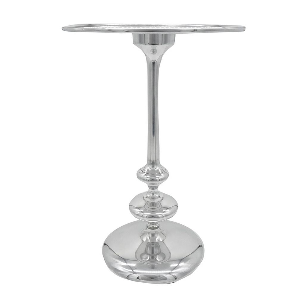 23 Inch Modern Aluminum Side Table, Round Tabletop and Base, Carved, Silver - View 2