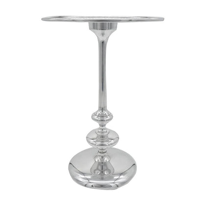 23 Inch Modern Aluminum Side Table, Round Tabletop and Base, Carved, Silver - View 2