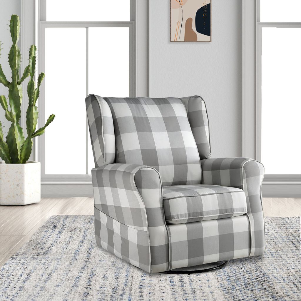 35 Inch Accent Swivel Chair, Glider, Checkered Fabric, Light Gray - View 6