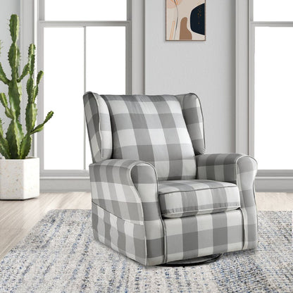 35 Inch Accent Swivel Chair, Glider, Checkered Fabric, Light Gray - View 6