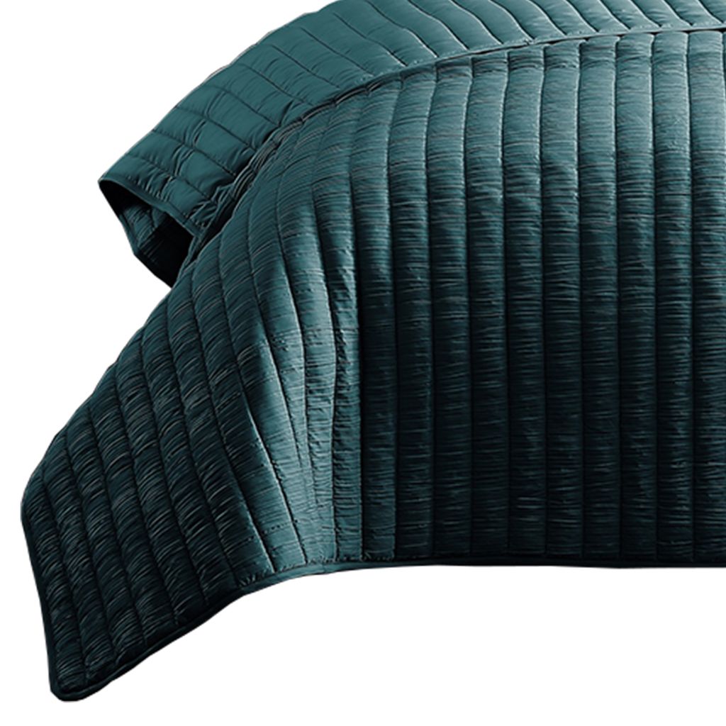 3 Piece Crinkle King Coverlet Set with Vertical Stitching, Turquoise Blue - View 2