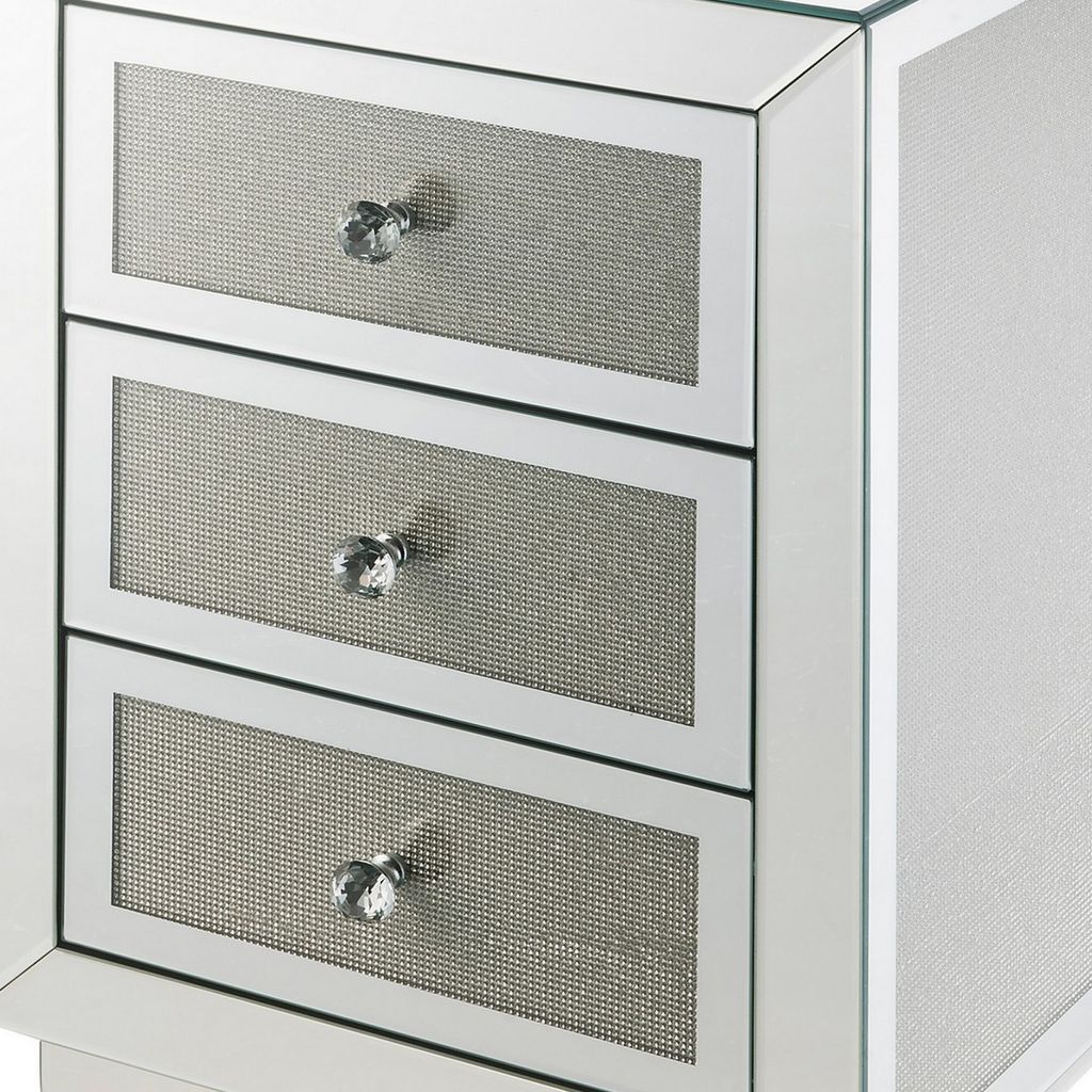 3 Drawer Mirrored Accent Table with Faux Diamond Inlay, Silver - View 4