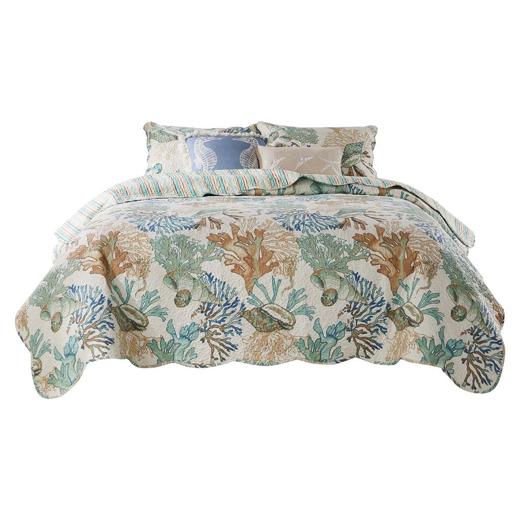 Wade 5 Piece Quilt Set, Ocean Design, Scalloped Edges, Floral Pattern – King