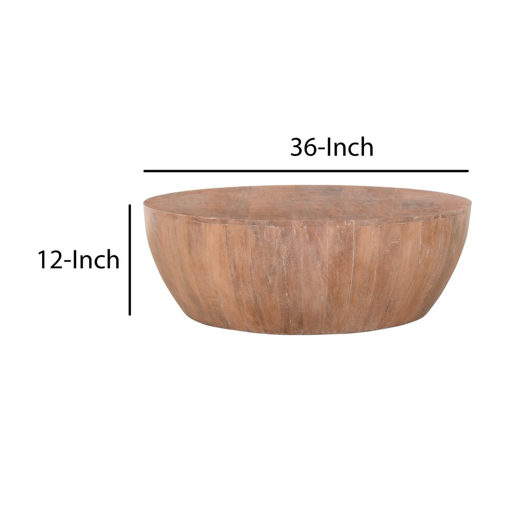Arthur Drum Shape Wooden 35.5 Inch Coffee Table with Plank Design Base, Distressed Brown - View 4