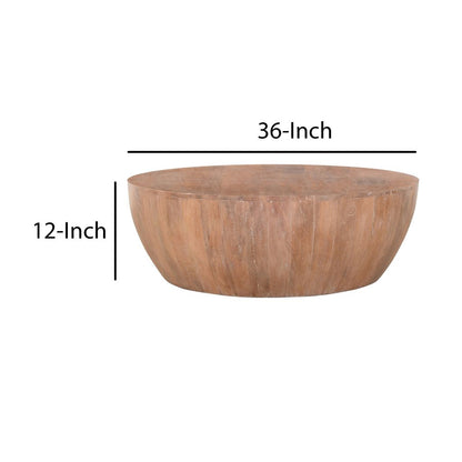 Arthur Drum Shape Wooden 35.5 Inch Coffee Table with Plank Design Base, Distressed Brown - View 4