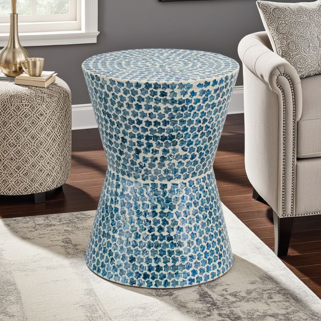 Ivy 20 Inch Luxury Accent Table Stool, Mosaic Tile Pattern, White, Blue - View 7