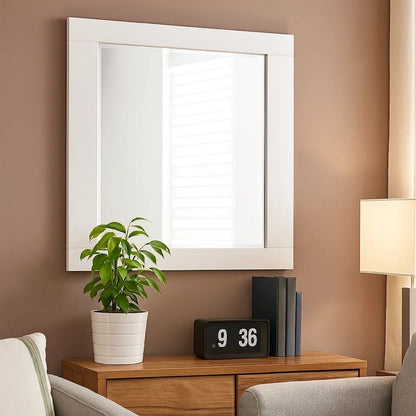 Contemporary Square Wooden Mirror with Mounting Hardware, White - View 7