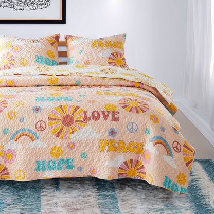 Berlin 2 Piece Microfiber Rainbows and Clouds Print Twin Quilt Set, Beige - View 7