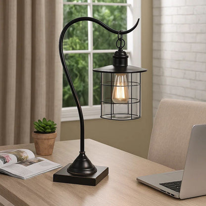 25 Inch Metal Downbridge Design Desk Lamp with Caged Shade, Dark Bronze - View 7
