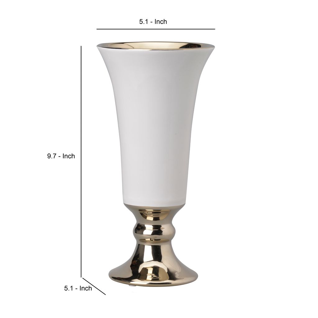 Ceramic Vase with Flared Top and Pedestal Base, Large, White and Gold - View 4