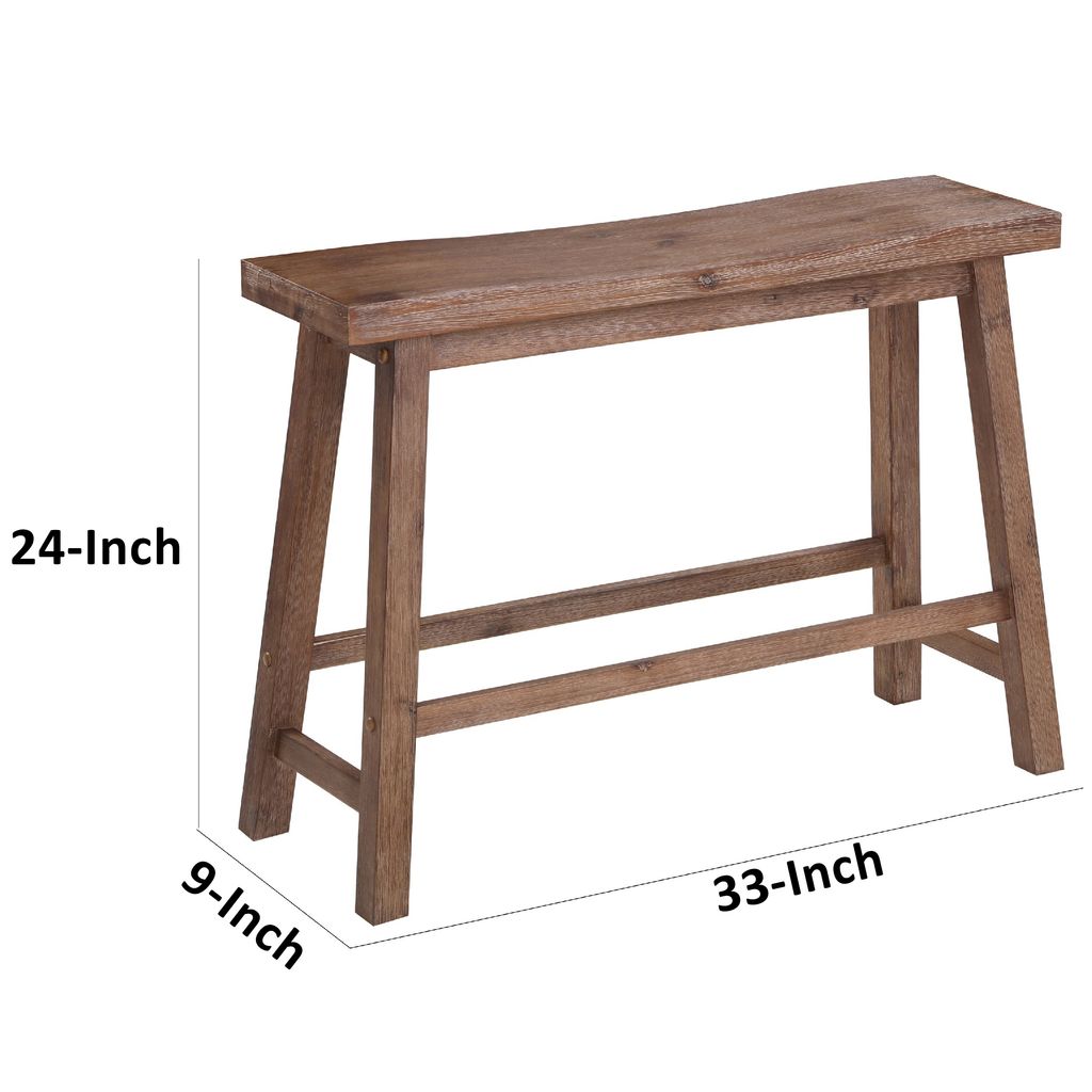 33 Inch Saddle Seat Bench with Angled Frame, Sandblasted Antique Brown Acacia Wood - View 7