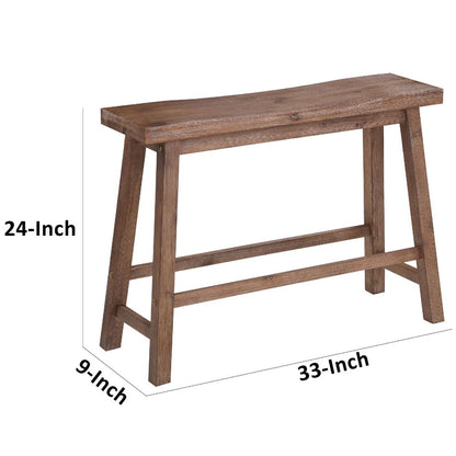 33 Inch Saddle Seat Bench with Angled Frame, Sandblasted Antique Brown Acacia Wood - View 7