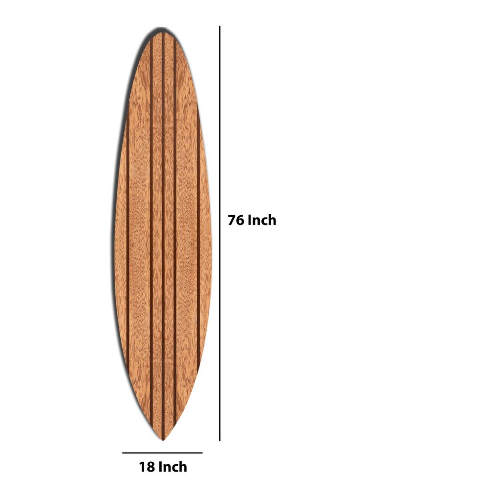 Contemporary Wooden Surfboard Wall Art with Block Stripe Print, Brown - View 5
