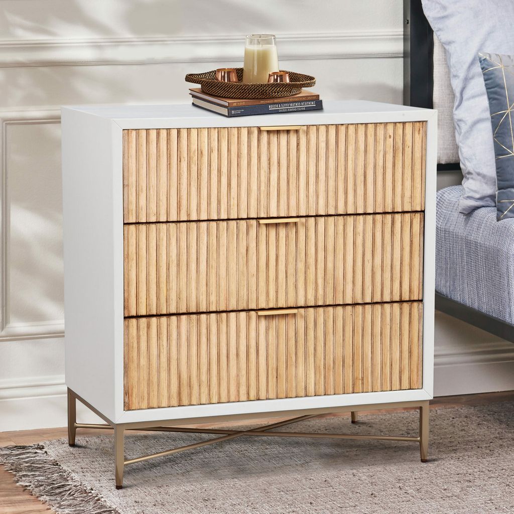 Eli 34 Inch 3 Drawer Small Dresser Nightstand, Corrugated Panels, White, Gold - View 6