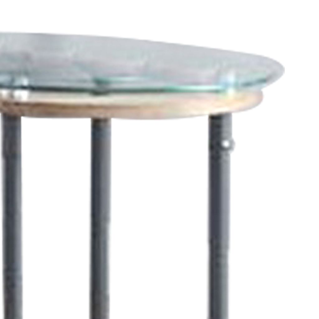 End Table with Round Glass Top and Metal Pipe Style Legs, Gray - View 4