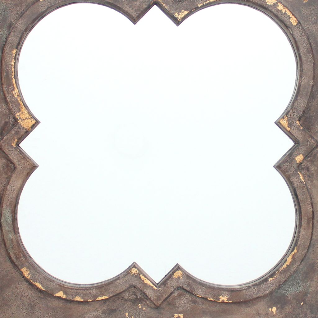 Quatrefoil Pattern Wood Mirror with Distressed Finish, Silver and Brown - View 3