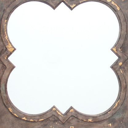 Quatrefoil Pattern Wood Mirror with Distressed Finish, Silver and Brown - View 3