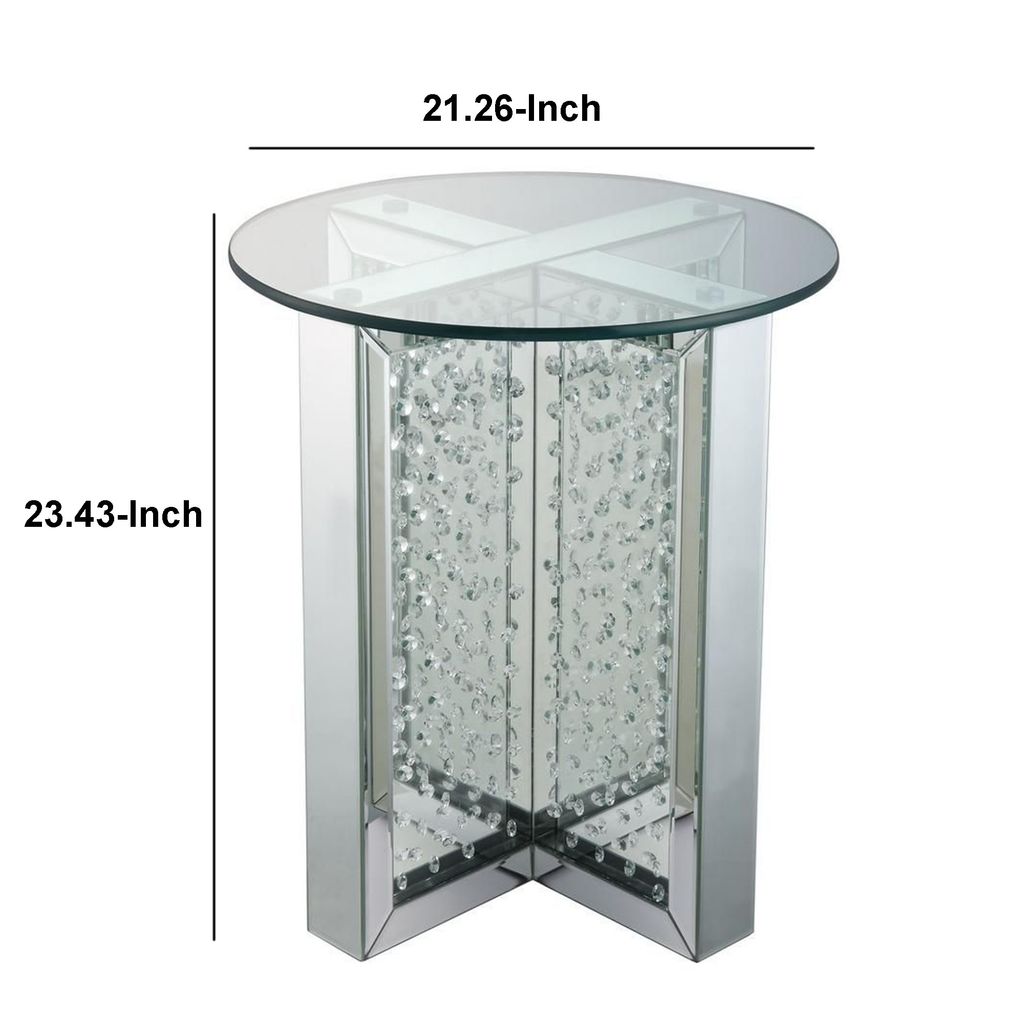 Round Mirrored Metal End Table with Glass Top and Crystal Accent Base, Silver - View 5