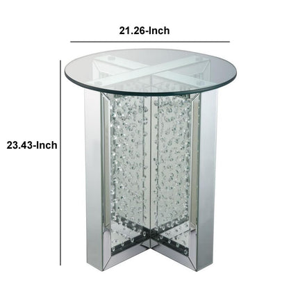 Round Mirrored Metal End Table with Glass Top and Crystal Accent Base, Silver - View 5