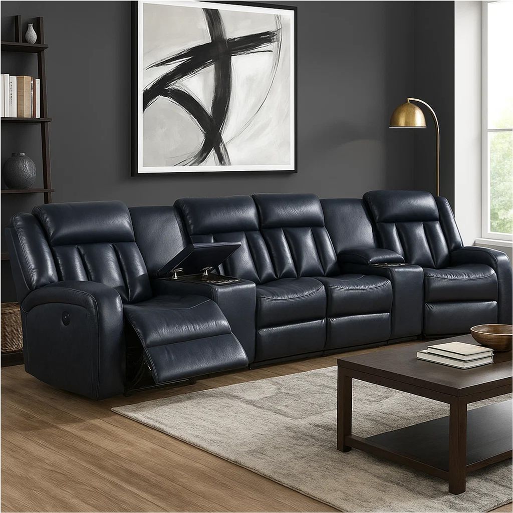 Max 5 Piece Manual Recliner Sectional Set, Vegan Faux Leather, Navy Blue - View 7